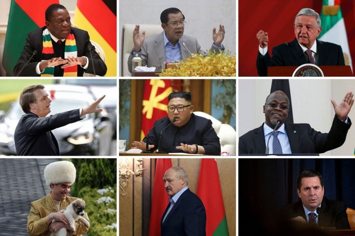 Lista e liderave qe kane organizuar grumbullime masive pa maske, duke vendosur ne rrezik jeten e publikut. Sipas radhes, lart liderat e Zimbabve, Kamboxhia, Meksike. Mes: Brazil, Kore e Veriut, Tanzani. Poshte: Turkmenistan, Bjellorusi dhe kongresmeni Nunes i Kalifornise
