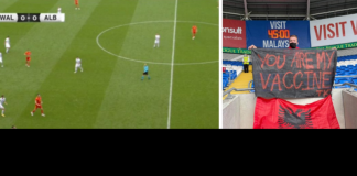 “Ti je vaksina ime”, tifozi shqiptar tërheq vëmendjen në ndeshjen Uells-Shqipëri