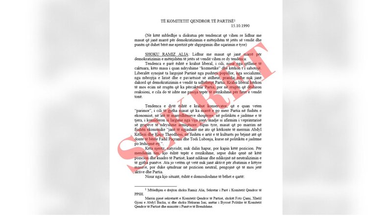 Dokumenti sekret i tetorit 1990  Ramiz Alia  Iniciativën e demokratizimit të vendit duhet ta kemi ne