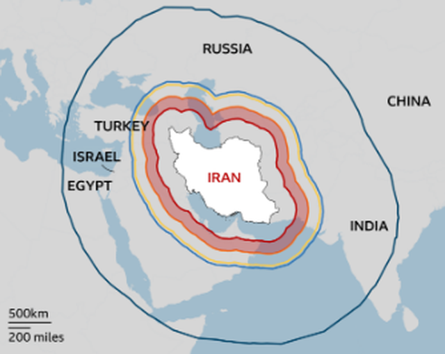 IDF publikon grafikun e rrezeve të veprimit balistik të Iranit  përfshihet Europa dhe një pjesë Mbretërisë së Bashkuar