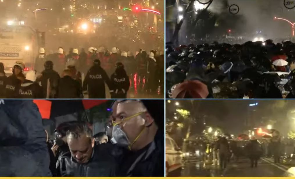 Nisin tensionet në marshimin e opozitës  Protestuesit gjuajnë me molotovë  policia hedh gaz lotsjellës dhe ujë me presion