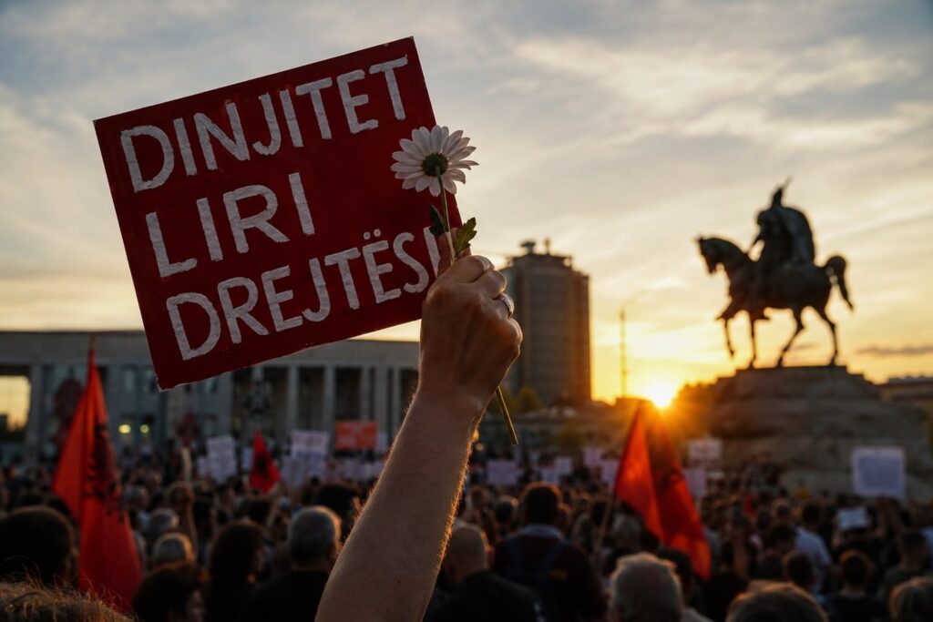 Protesta e 5 kundër projektit në Zvërnec  protestuesit mbushin Sheshi Skëndërbej  thirrje kundër qeverisë  Rama të japë dorëheqjen  Shqipëria nuk shitet 